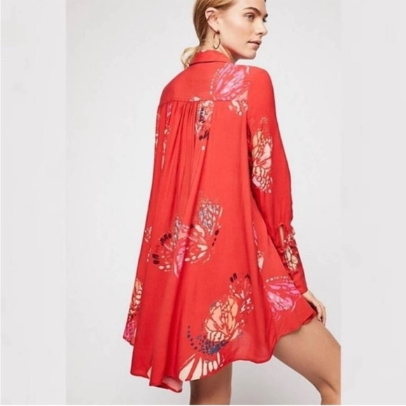 Free People Red Field Of Butterflies Long Sleeve Collared Tunic Small - Picture 2 of 10